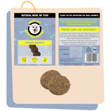 Good Boy Patties Packaging and product for Good Boy Patties