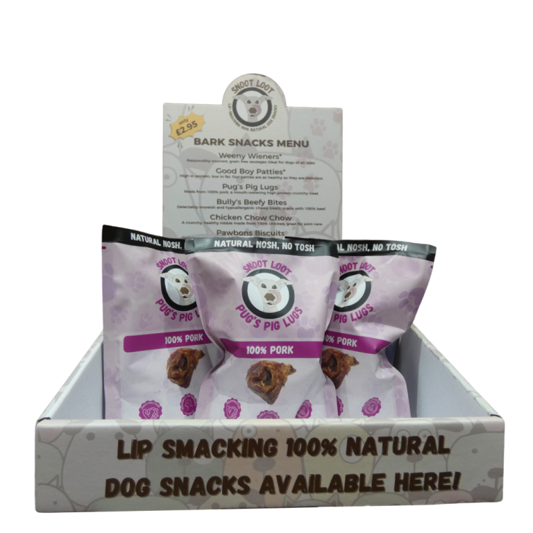 Bark Snacks Menu Box Our Loot Box crammed full of doggy delights including Pug's Pig Lugs.
